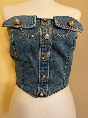 Vintage EXIT SHOPS  Off-Shoulder Blue Denim Chain-Accent Crop Top S